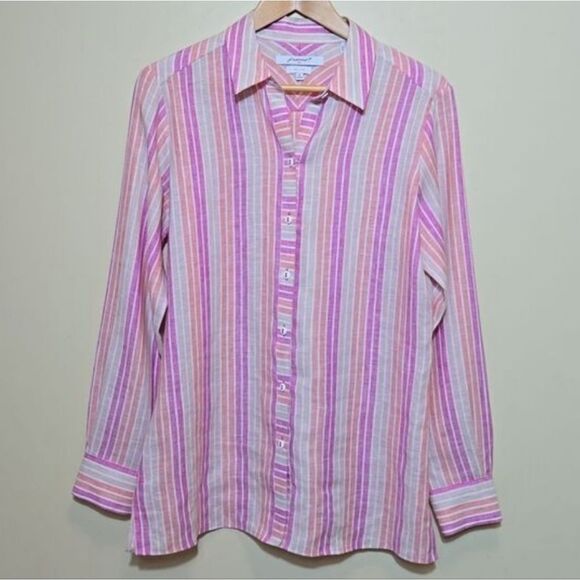 Foxcroft Tops - Foxcroft Spring Easter Pastel Striped Linen Button Down Shirt Easy Care Relaxed